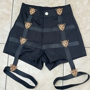 YM Women Bandage Shorts Small High Waist Gold Leopard Hardware Festival Y2K Rave